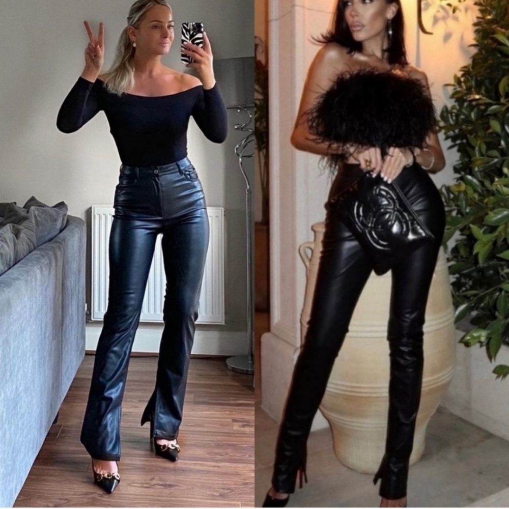 Zara Extra Long Faux Leather Straight Leggings Pants Ankle Slit - Picture 4 of 11